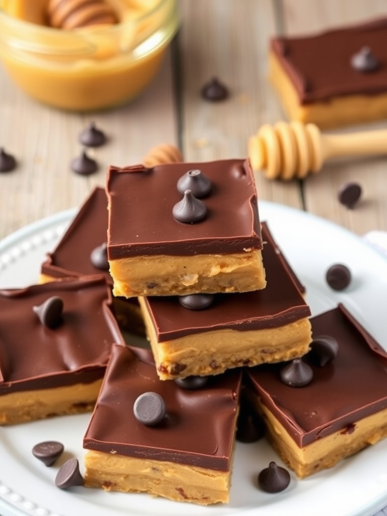 Decadent No-Bake Chocolate Peanut Butter Bars No-bake chocolate peanut butter bars on a plate with chocolate chips and ingredients in the background.